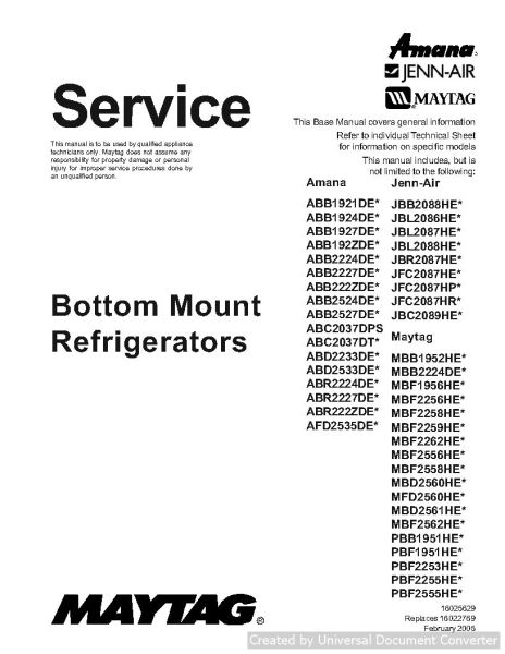 Amana ABB192ZDE Bottom Mount Refrigerator Service Manual