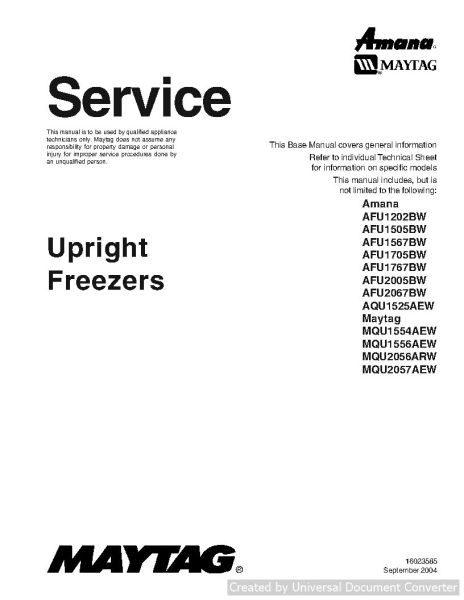 Amana AFU1705BW Upright Freezer Service Manual