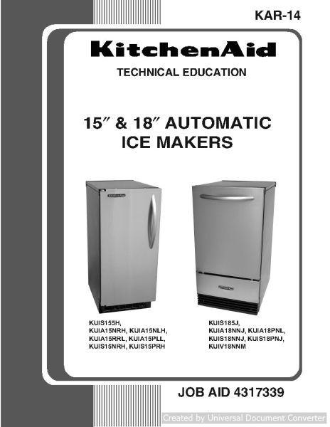 KitchenAid KUIS15NRH 15 & 18 inch Automactic Ice Makers Service Manual