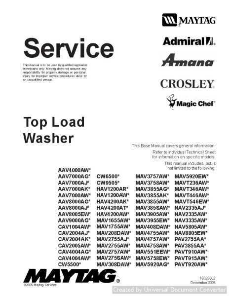 Maytag Amana CAV2005AW Top Load Washer Service Manual