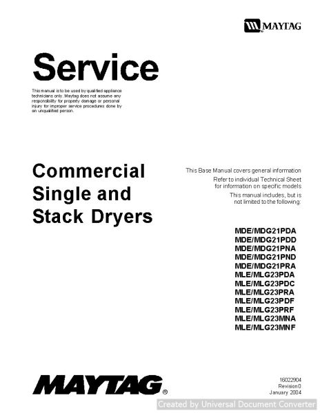 Maytag MDE MLG23PDA Commercial & Single Stack Dryer Service Manual