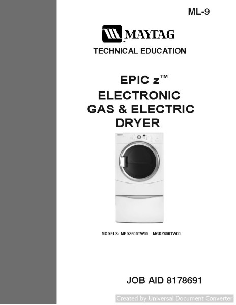 Whirlpool 8178691 Maytag Epic Z Dryer Service Manual