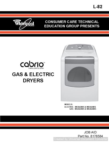 Whirlpool Cabrio WGD6200S Gass & Electric Dryer Service Manual