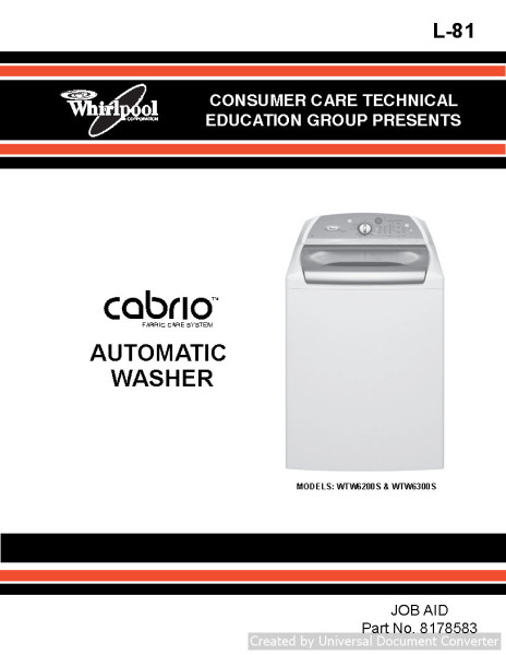 Whirlpool L-81 WTW6200S Cabrio Washer Service Manual