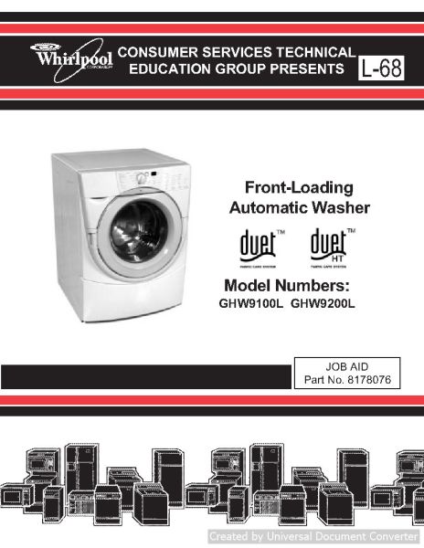 Whirlpool L68 GHW9100L Front-Loading Automatic Washer Service Manual