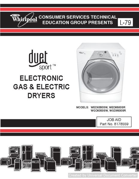 Whirlpool WGD8300SW L-79 Duet Sport Electronic Gas & Electric Dryers Service Manual