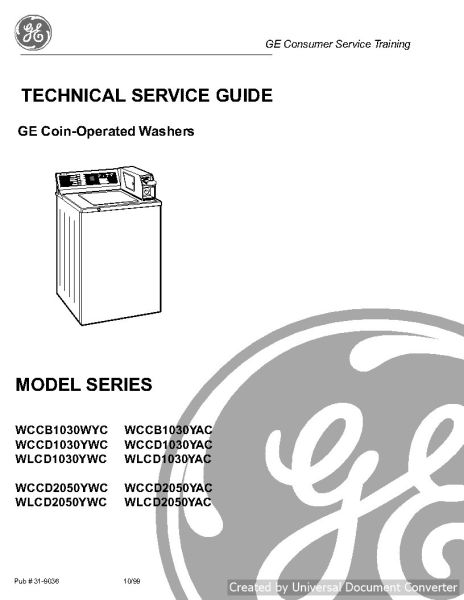 GE WLCD1030YWC Coin-Operated Technical Service Guide
