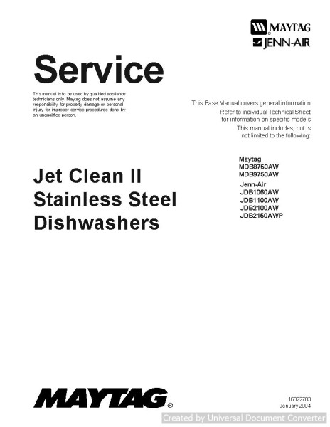 Jenn-Air JDB2150AWP Jet Clean II Stainless Steel Dishwasher Manual