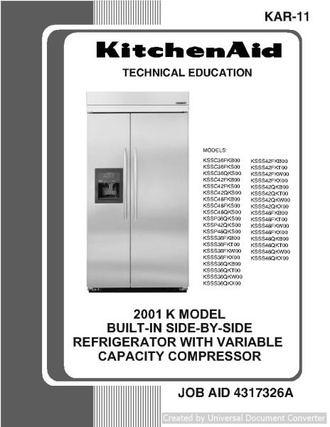 KitchenAid KSSS48FKB00 Refrigerator Technical Education PDF Service Manual