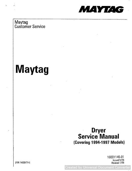 Maytag Dryer Service Manual Covering 1994-1997 Models
