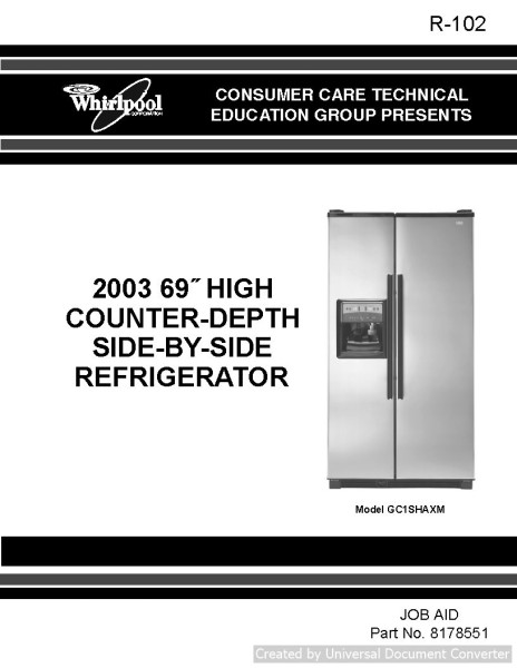 Whirlpool R-102 2003 High Counter-Depth Side-By-Side Refrigerator Service Manual