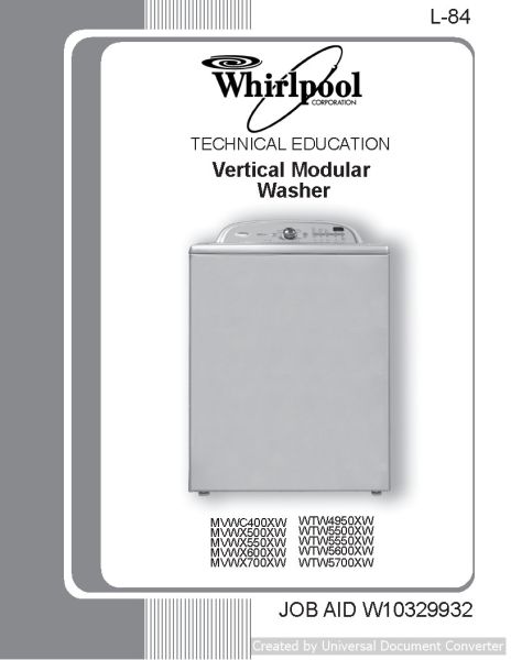 Whirlpool MVWX600XW L-84 Vertical Modular Washer Manual