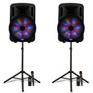 Acoustic Audio PRTY151 Battery Powered 15" Bluetooth LED Speakers with Wireless Mics and Stands
