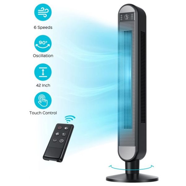 Dreo 42" Tower Fan with Remote, 90° Oscillating Bladeless Fan, 42 Inch, Quiet with 6 Speeds, Large LED Display, Touchpad, 12H Timer